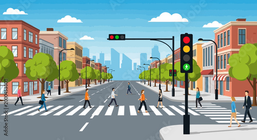 City street crossing with pedestrians and traffic lights, urban scene