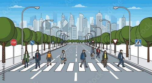 City Street Crosswalk with Pedestrians and Skyscrapers