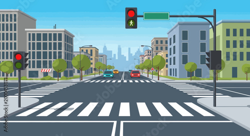 City street intersection with traffic lights and crosswalks, cars and buildings