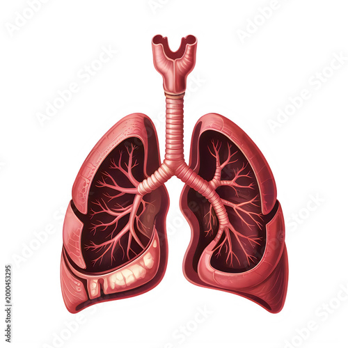 Red human lungs with bronchial tree isolated on transparent background