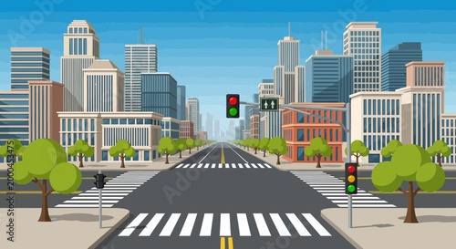 City Street with Traffic Lights and Crosswalks, Urban Landscape, Downtown Skyline
