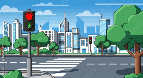 City street with traffic lights and pedestrian crossing, modern buildings in background