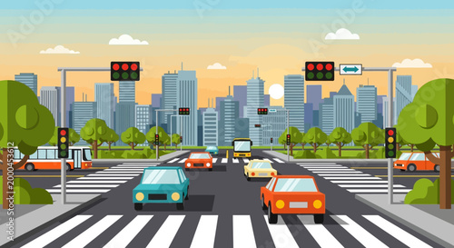 City Traffic Intersection with Cars and Traffic Lights in Urban Landscape
