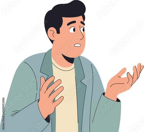 Confused man with shrugging gesture, worried male character in flat vector style, uncertain person expressing doubt and hesitation