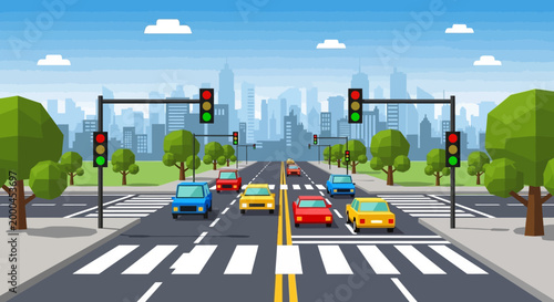City Traffic Intersection with Cars, Crosswalks, and Traffic Lights