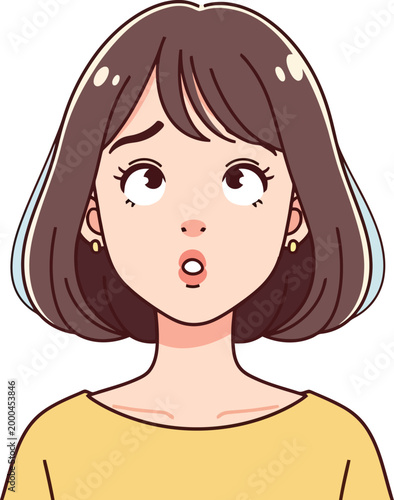 Anime style surprised woman avatar, confused young girl with brown bob hair, shocked female character vector illustration for social media