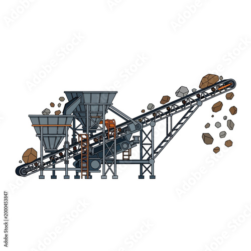 Industrial gravel crushing machine with conveyor belt and rocks, construction equipment.