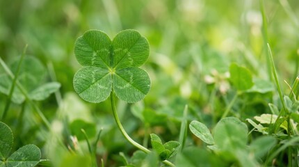 Close-up vibrant green four-leaf clover against a soft-focus green background, luck and nature concept, fresh botanical detail, natural daylight, realistic finish, no logos