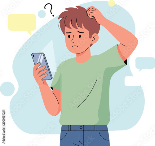 Confused young man looking at smartphone, frustrated male character with question mark, person having mobile phone technical problems