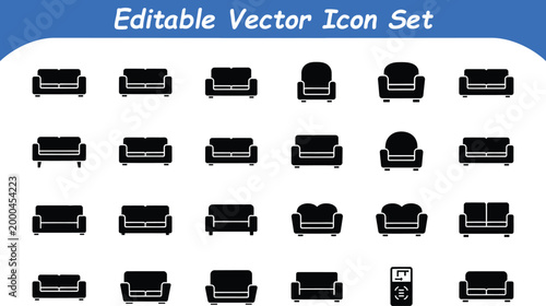 Collection of black sofa icons with furniture editable interior silhouette