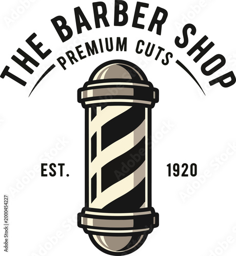 Vintage Barber Shop Logo with Classic Barber Pole, Retro Premium Cuts Signage Vector, Traditional Hair Salon Branding Element