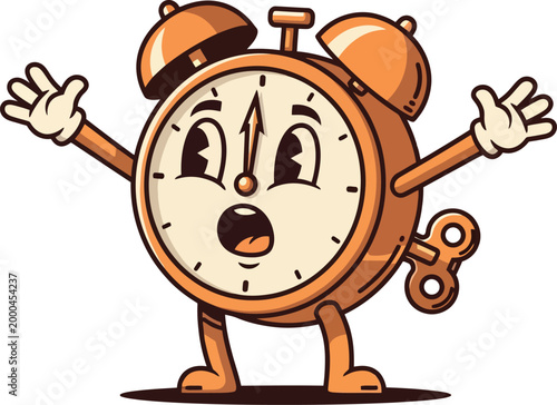 Vintage cartoon alarm clock character, retro copper wind-up clock with expressive face, funny time management mascot vector illustration