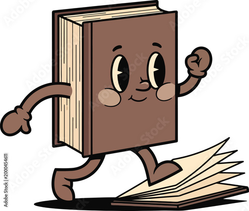 Vintage cartoon book character walking, retro rubber hose style mascot illustration, brown hardcover book with face and limbs, nostalgic literary vector art