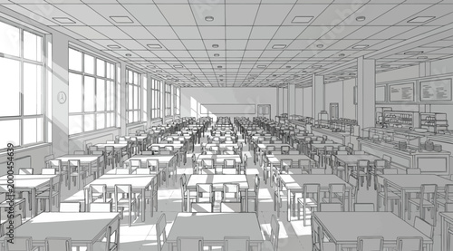 Interior perspective sketch of a large school cafeteria or dining hall with rows of tables and chairs