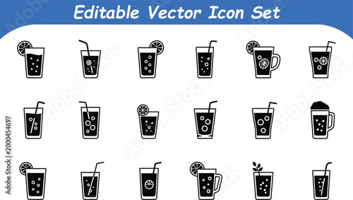 Editable vector icon set of refreshing drinks with fruit slices and straws