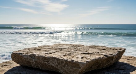 Textured rock foreground ocean waves background sunny day