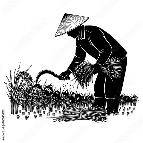 farmer planting rice in paddy field flat design vector illustration