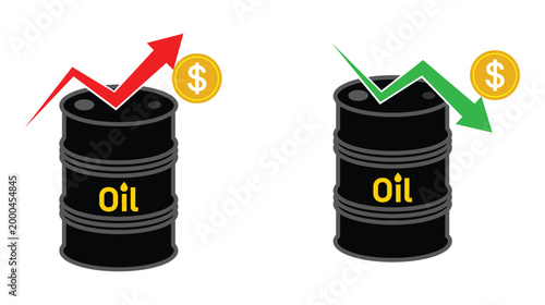 oil price increase and decrease concept with dollar sign and arrows. Oil barrel icons with upward and downward trending arrows. Vector illustration.