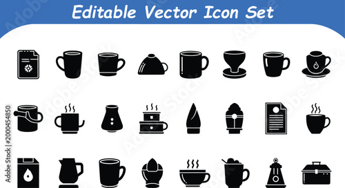 Editable vector icon set: coffee and tea cups mugs related items with beverage
