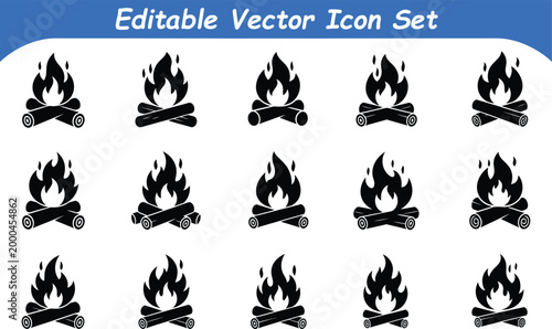 Editable vector icon set: campfire and fireplace graphics with campfire
