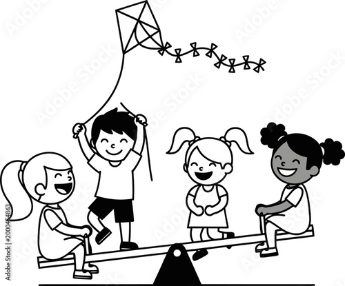 Children playing on a seesaw with a kite in a whimsical sketch
