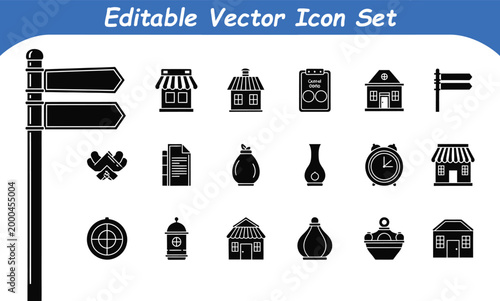 Editable vector icon set: signpost buildings other graphics with alarm clock