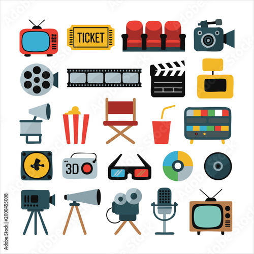 Cinema and entertainment equipment icons collection with ticket popcorn and production gear vector.