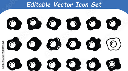 Fried egg icons set black silhouette with breakfast, silhouette
