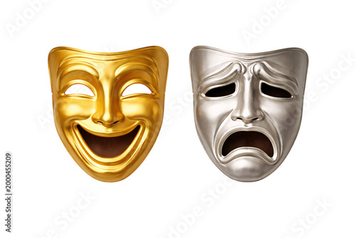 Konstfotografi Gold and silver theater masks representing comedy and tragedy on png isolated tr