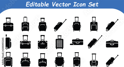 Editable vector icon set of luggage and travel suitcases with carry on, suitcase