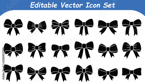 Editable vector icon set of bows and ribbons with hair accessory, collection