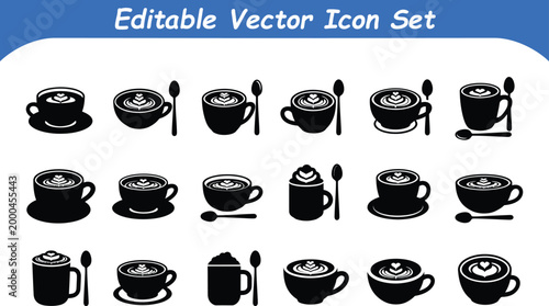 Editable vector icon set of coffee and cafe drinks with beverage, cappuccino