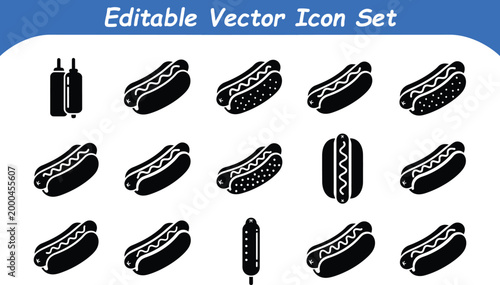 Collection of 15 hot dog and condiment icons vector silhouette fast food