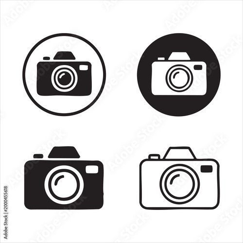 Digital slr camera icons in black and white styles including circular badge and outline variations.