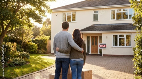 Back view of couple standing in front of family house, homeownership and future planning concept with warm residential atmosphere and emotional connection, natural light, realistic detail, no logos