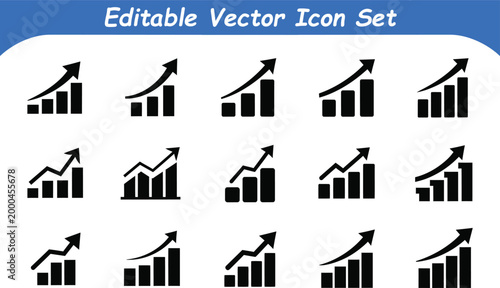Editable vector icons set: upward trend bar charts and line graphs with increase