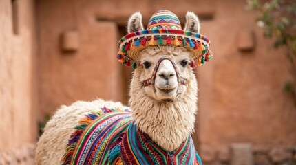 Llama wearing a colorful sombrero and poncho, playful animal portrait with festive styling on a simple background, realistic detail, no logos