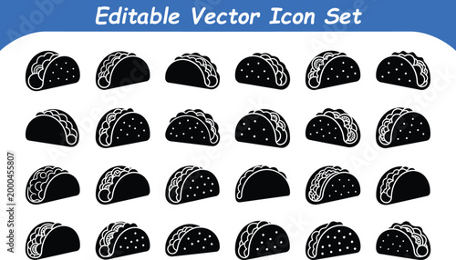 Editable vector icons set: tacos with various fillings mexican food fast food