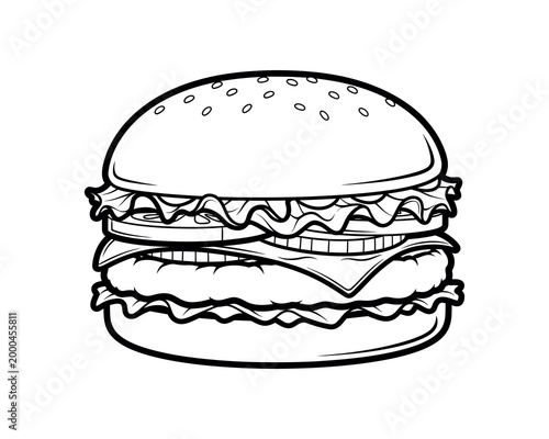 hand-drawn black and white sketch of a classic deli sandwich with lettuce and sesame seed bun