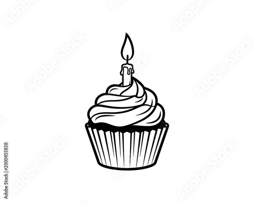 hand-drawn cupcake with lit candle on white background, flat cartoon illustration for celebration