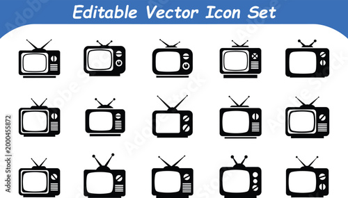 Set of black vintage television and tv icons with television, broadcast