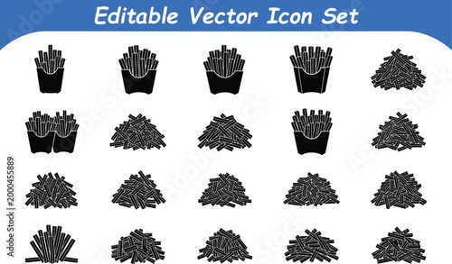Collection of black french fries and potato icons with fast food, side dish