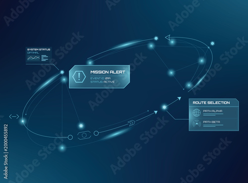 Futuristic HUD interface featuring mission alerts, orbital data pathways, and system status indicators in glowing neon blue