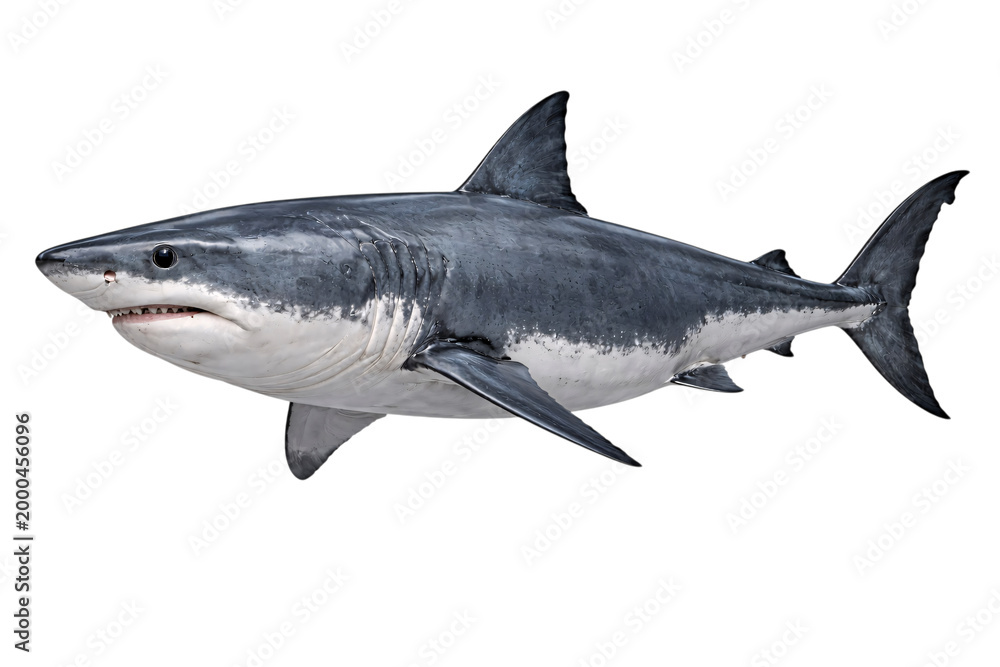 Obraz premium Png isolated transparent white shark swimming in dark water with white belly and grey back