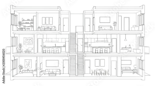 Architectural crosssection drawing of a multistory residential apartment building interior