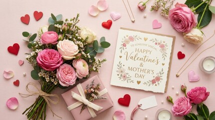 Valentine or Mother's Day composition with gift box rose flowers and red pink hearts on pastel background, beautiful flat lay greeting card, realistic detail, no logos