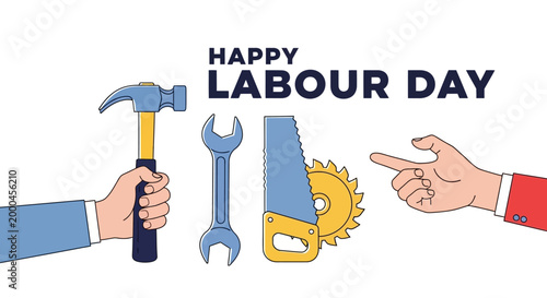 Happy Labour Day Illustration with Hand Tools and Gesturing Hand