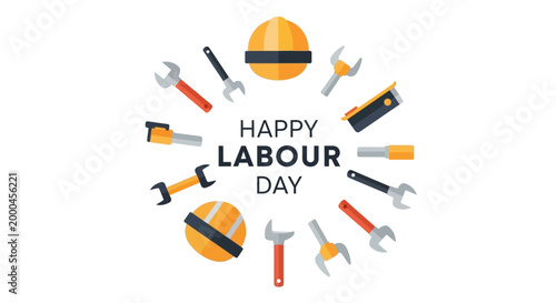 Happy Labour Day Greeting Card with Construction Tools and Safety Helmets
