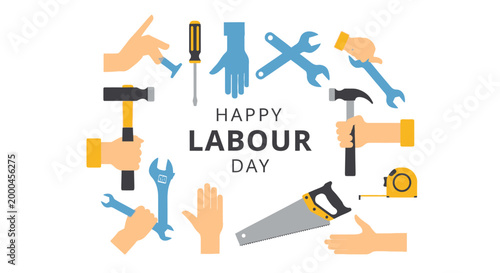 Happy Labour Day Greeting with Construction Tools and Hands Illustration