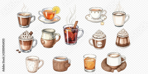 Watercolor illustration set of various hot beverages including coffee, tea, and mulled wine in different mugs and cups.